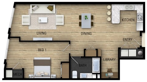 Floor plan for 1 bed, 1 bath, 922 sqft